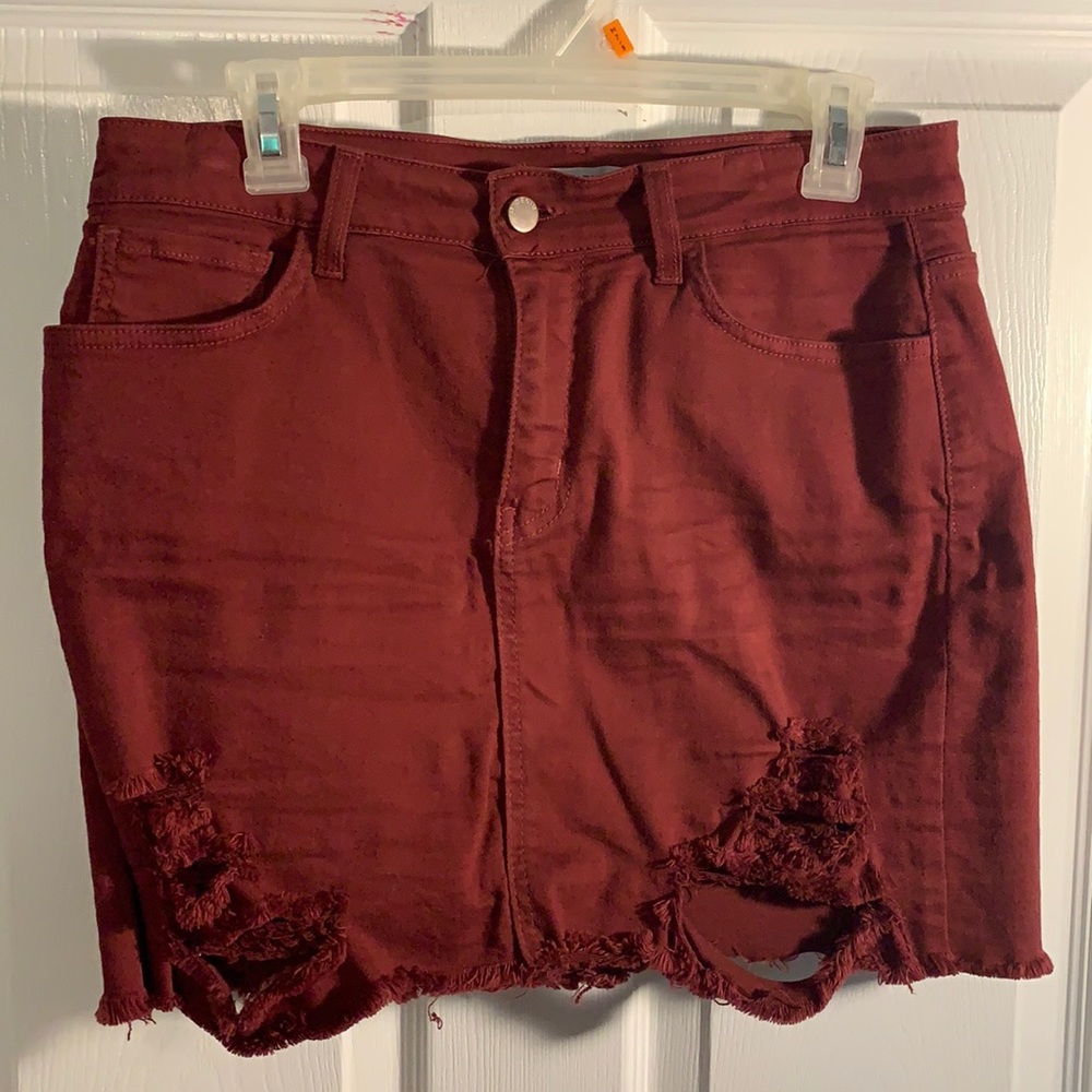 Crimson red denim skirt